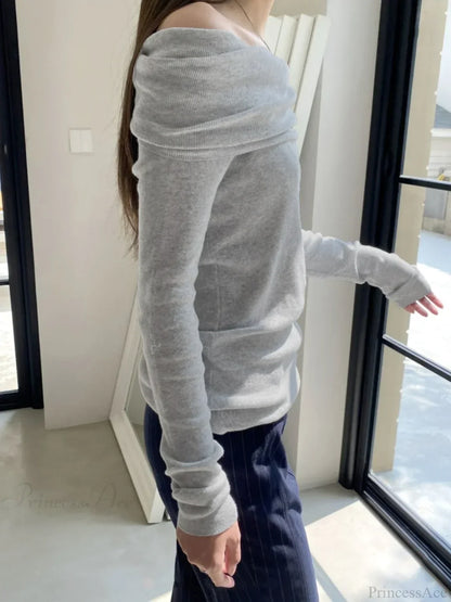 Slim Off-Shoulder Solid Slash Neck Long Sleeve Knit Top