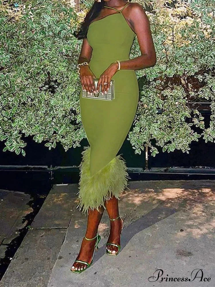 Slim Sleeveless Maxi Spaghetti Strap Backless Green Elegant Club Party Bodycon Dress