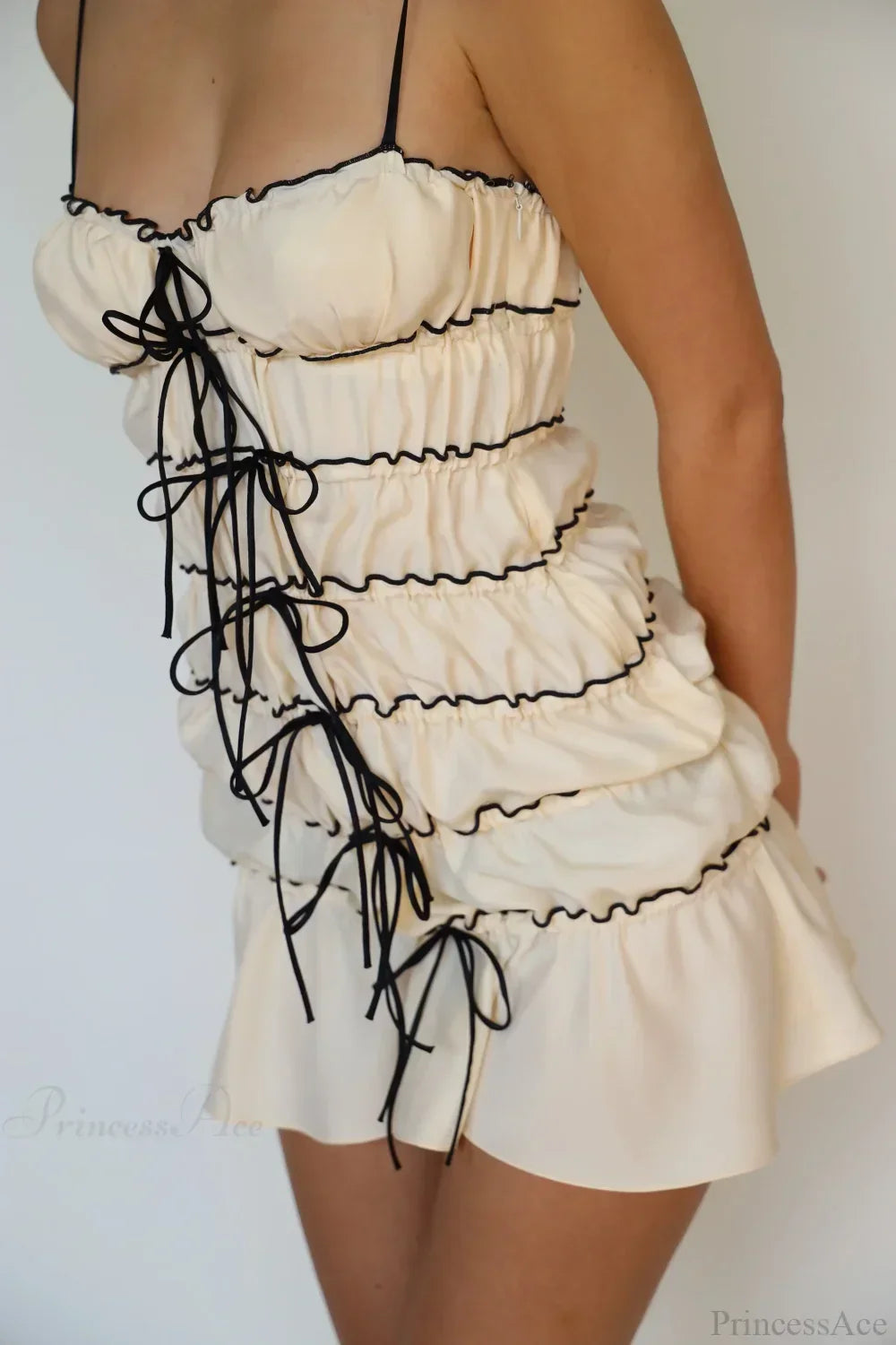Sheer Tiered Lettuce Hem Bow Front Spaghetti Strap Babydoll Mini Dress