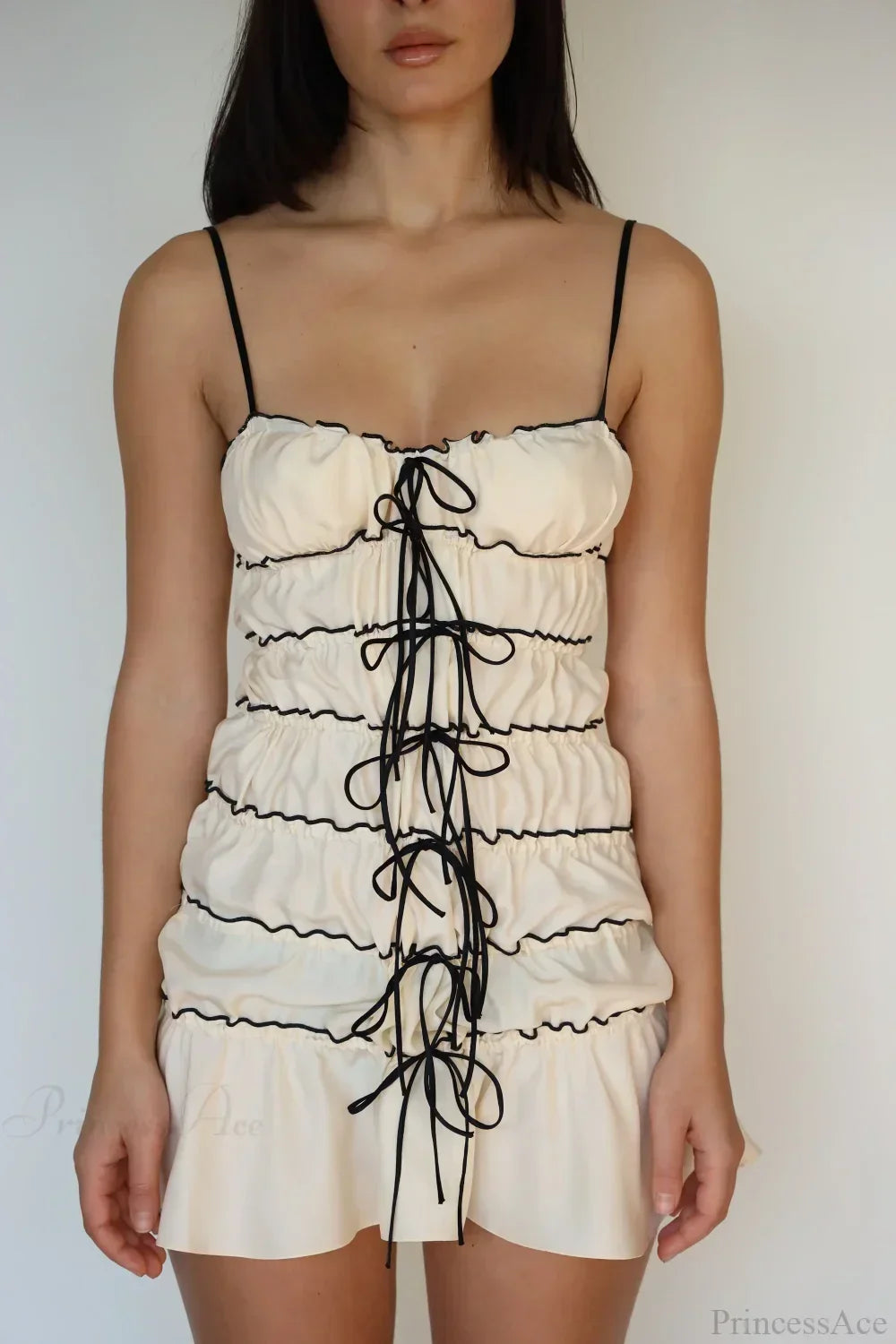 Sheer Tiered Lettuce Hem Bow Front Spaghetti Strap Babydoll Mini Dress