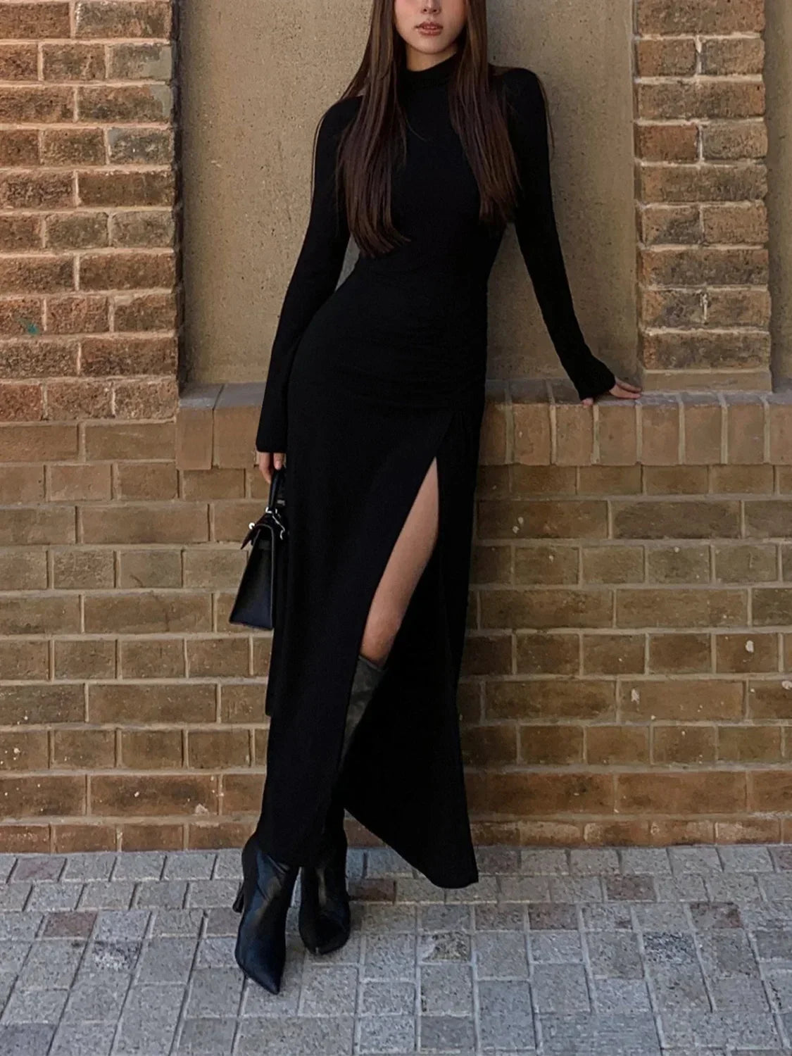 Black Slit Pleated Long Sleeve Bodycon Mock Neck Long Dress
