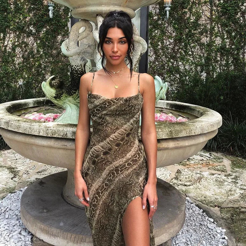 Snakeskin Print Cowl Neck Spaghetti Strap Side Slit Maxi Dress