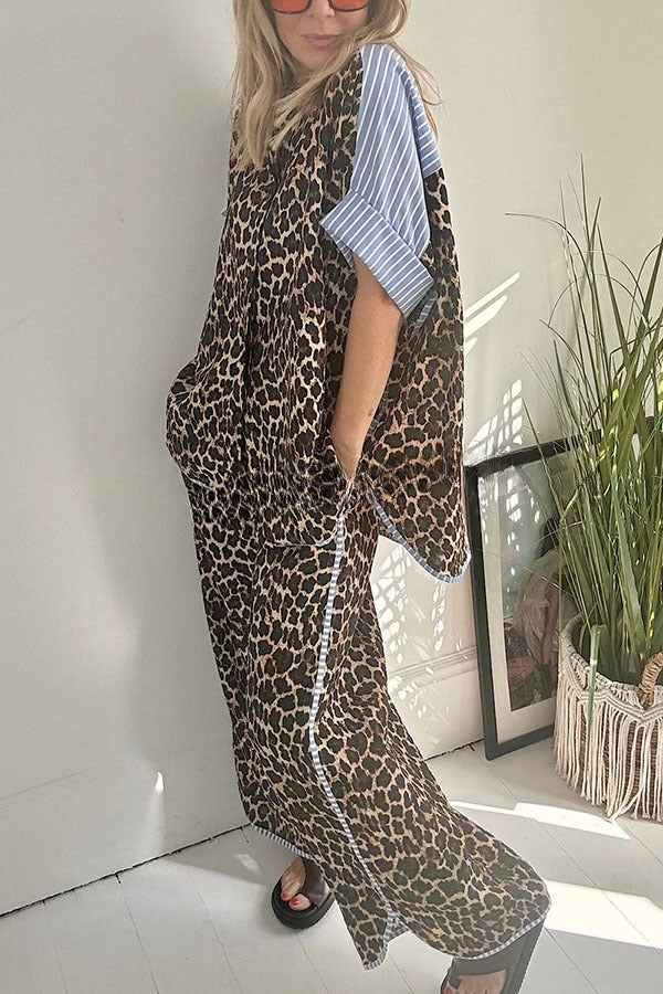 Comfortable Leopard Stripes Colorblock Print Oversized Shirt and Elastic Waist Pocket Loose Pants Set