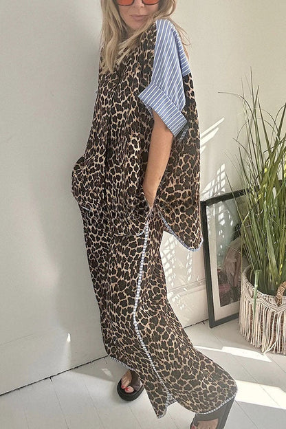 Comfortable Leopard Stripes Colorblock Print Oversized Shirt and Elastic Waist Pocket Loose Pants Set