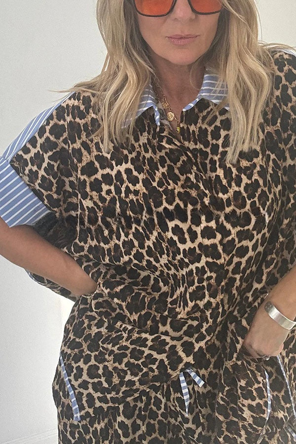 Comfortable Leopard Stripes Colorblock Print Oversized Shirt and Elastic Waist Pocket Loose Pants Set