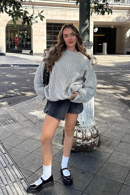 Solid 3D Chunky Cable Argyle Crewneck Loose Sweater