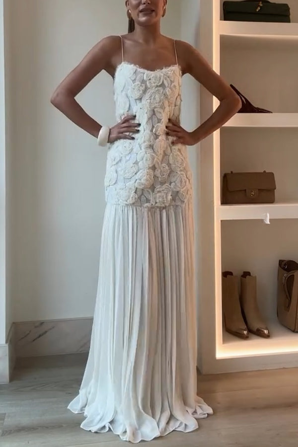 Indulge in Floral Applique Pleated Chiffon Hem Slip Maxi Dress