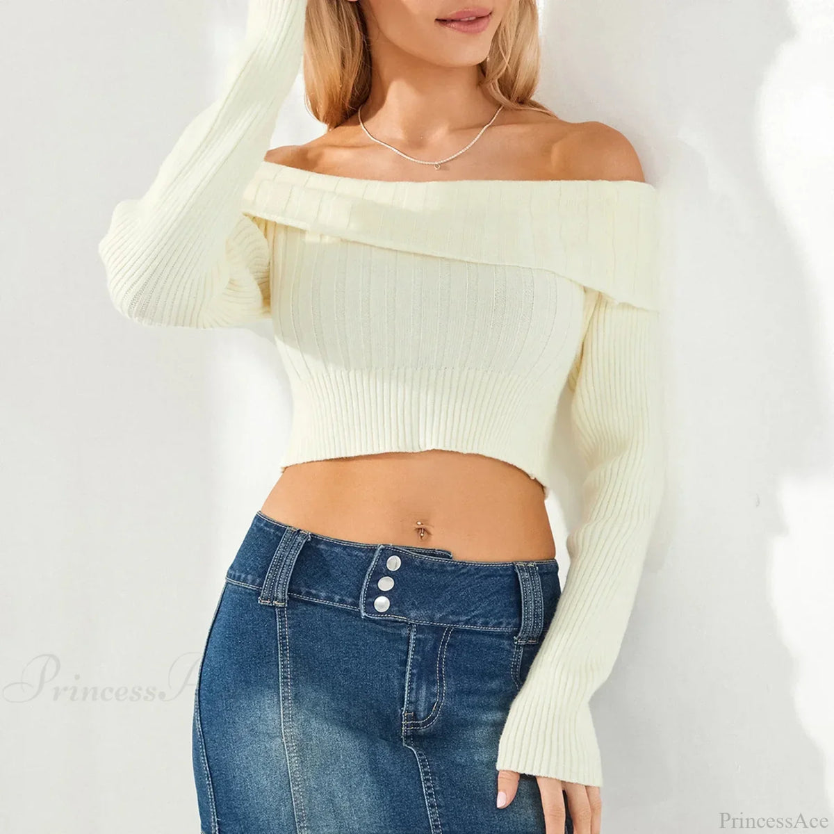 Solid Color Boat Neck Crop Sweater