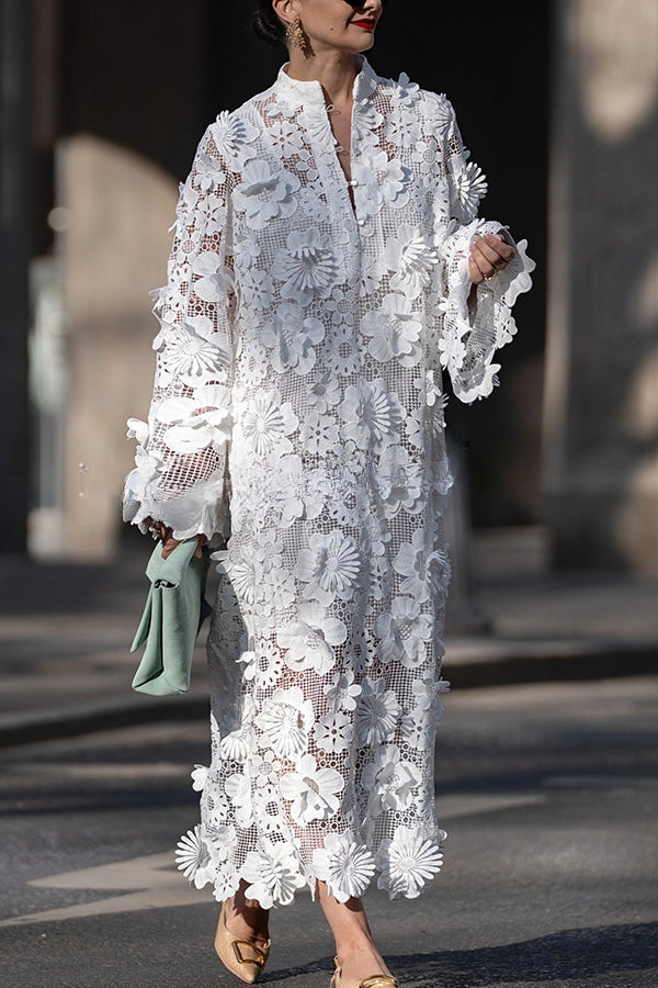 Solid Color Hollow Embroidery Loose Long Sleeve Midi Dress
