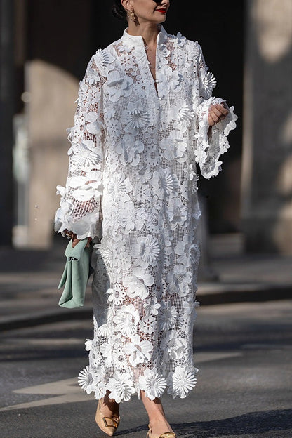 Solid Color Hollow Embroidery Loose Long Sleeve Midi Dress