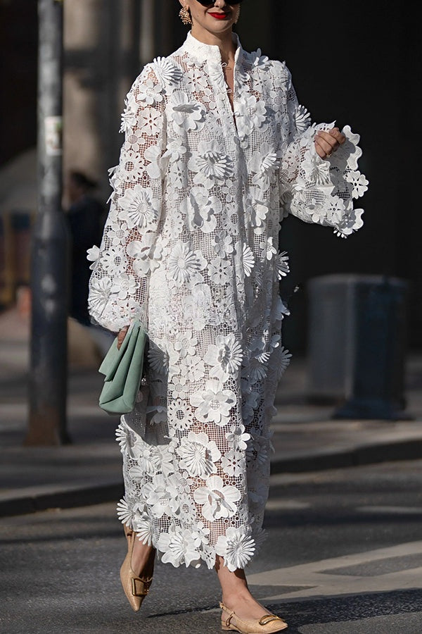 Solid Color Hollow Embroidery Loose Long Sleeve Midi Dress