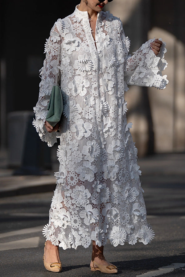 Solid Color Hollow Embroidery Loose Long Sleeve Midi Dress
