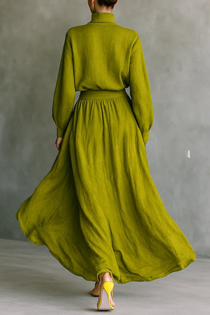 Linen Blend Solid Color Loose Long-sleeved Top and High-waisted Casual Pocket Maxi Skirt Set