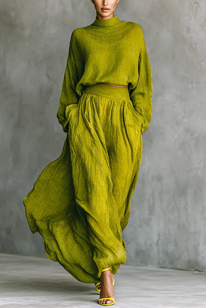 Linen Blend Solid Color Loose Long-sleeved Top and High-waisted Casual Pocket Maxi Skirt Set