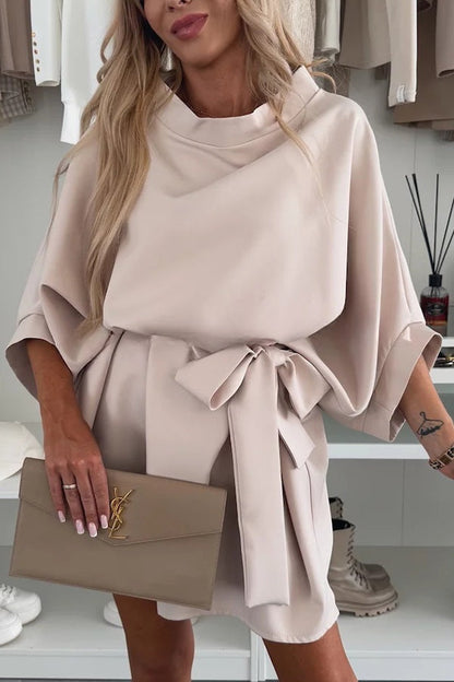 Solid Color Loose Round Neck Belted Mini Dress