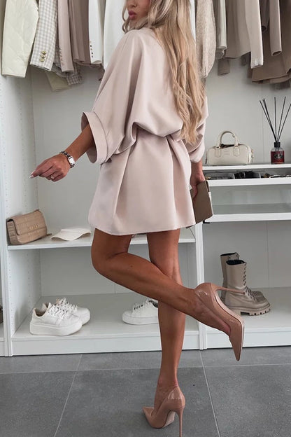Solid Color Loose Round Neck Belted Mini Dress