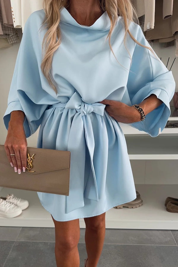 Solid Color Loose Round Neck Belted Mini Dress