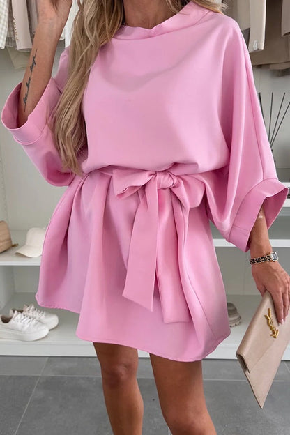 Solid Color Loose Round Neck Belted Mini Dress