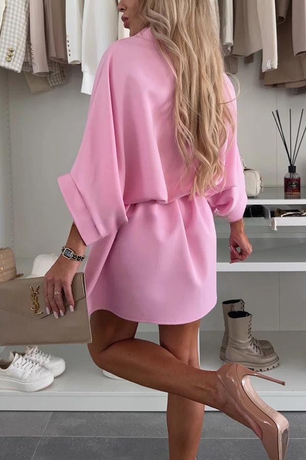 Solid Color Loose Round Neck Belted Mini Dress