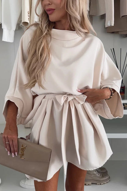 Solid Color Loose Round Neck Belted Mini Dress