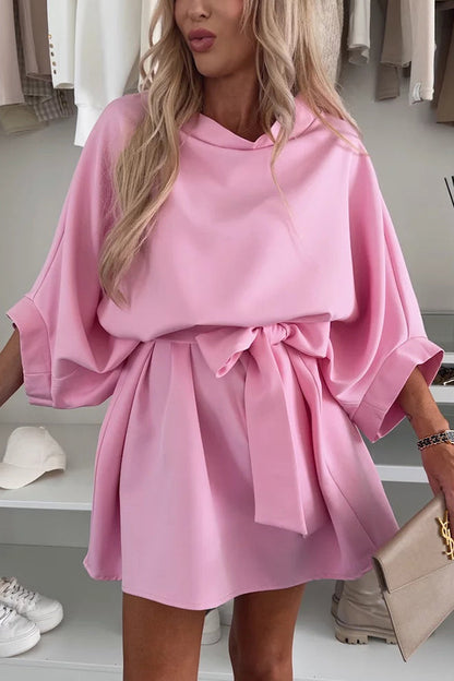 Solid Color Loose Round Neck Belted Mini Dress