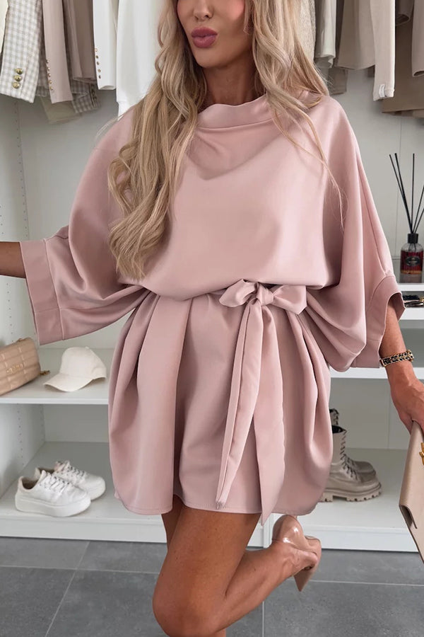 Solid Color Loose Round Neck Belted Mini Dress