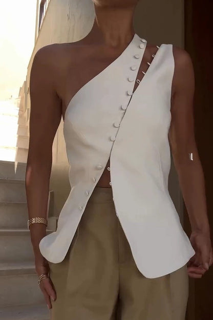 Full of Design Solid Color One Shoulder Asymmetric Slit Button Casual Vest