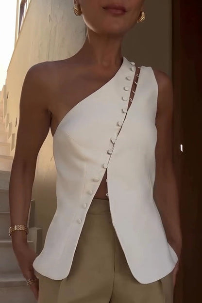 Full of Design Solid Color One Shoulder Asymmetric Slit Button Casual Vest