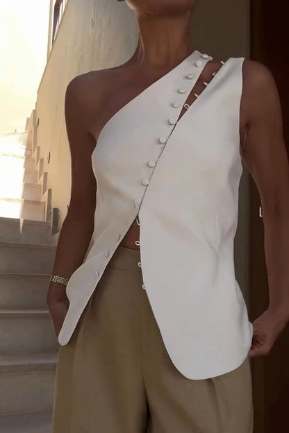 Full of Design Solid Color One Shoulder Asymmetric Slit Button Casual Vest