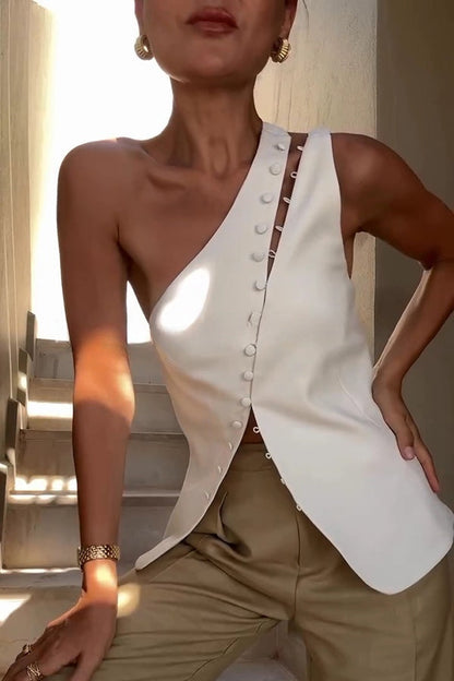 Full of Design Solid Color One Shoulder Asymmetric Slit Button Casual Vest