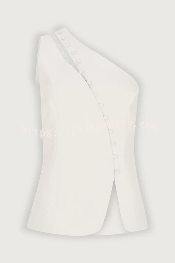 Full of Design Solid Color One Shoulder Asymmetric Slit Button Casual Vest