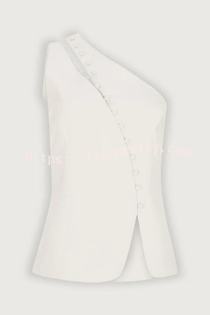 Full of Design Solid Color One Shoulder Asymmetric Slit Button Casual Vest