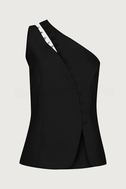 Full of Design Solid Color One Shoulder Asymmetric Slit Button Casual Vest