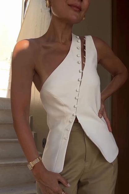 Full of Design Solid Color One Shoulder Asymmetric Slit Button Casual Vest