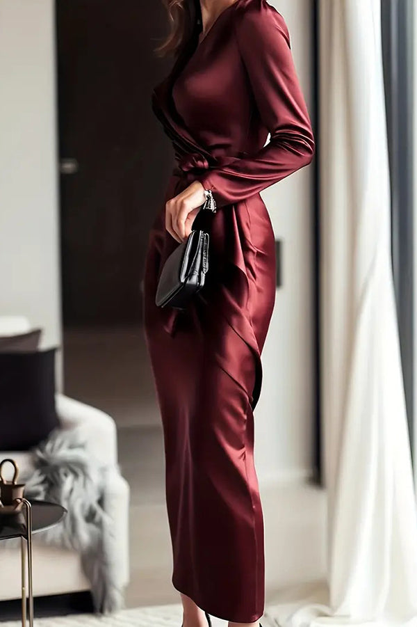 Solid Color Satin V-neck Long Sleeve Waist Tie Slim Midi Dress