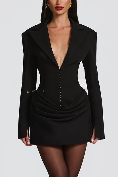 Solid Color Slim-fit V-neck Elegant Draped Formal Mini Dress