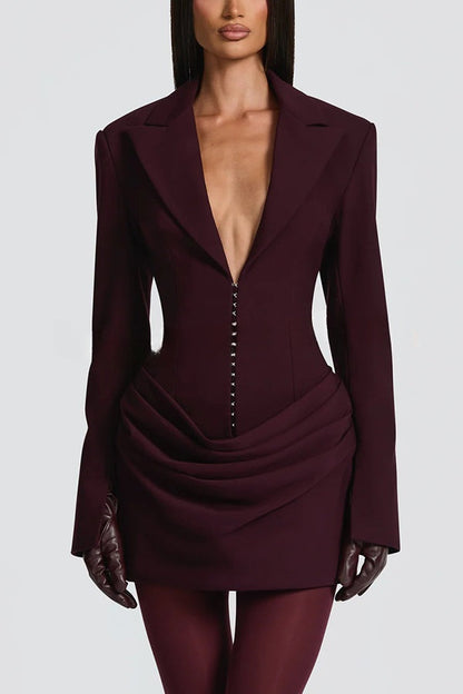 Solid Color Slim-fit V-neck Elegant Draped Formal Mini Dress