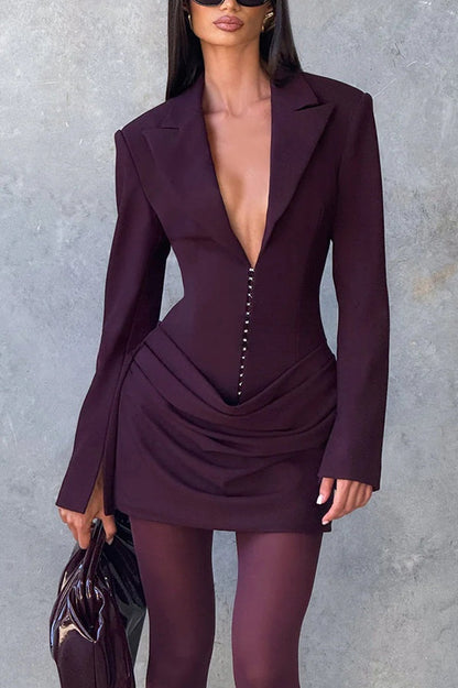 Solid Color Slim-fit V-neck Elegant Draped Formal Mini Dress
