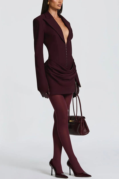 Solid Color Slim-fit V-neck Elegant Draped Formal Mini Dress