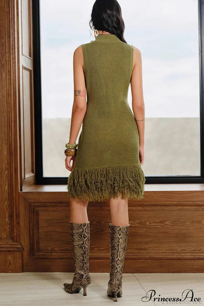 Mock Neck Waffle Knit Fringe Hem Sleeveless Bodycon Mini Dress