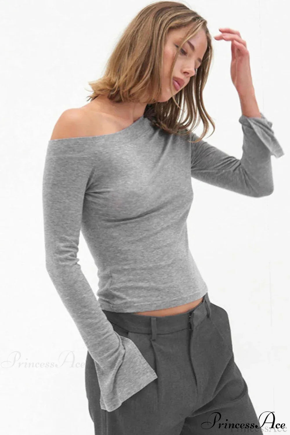 Solid One Shoulder Ruched Split Long Sleeve Tee