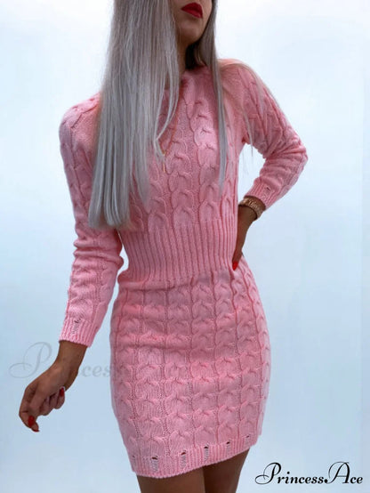 Solid Twist Temperament Waist Sweater Dress
