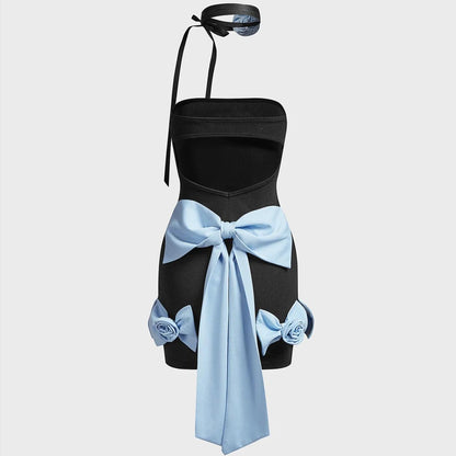 Strapless Bow Hem 3D Applique Choker Tie Mini Dress