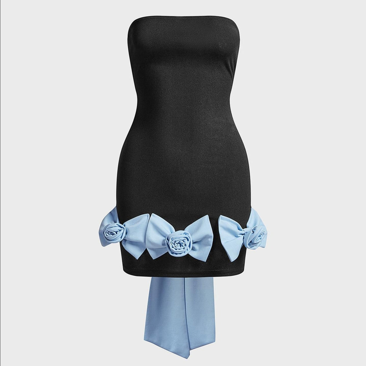 Strapless Bow Hem 3D Applique Choker Tie Mini Dress