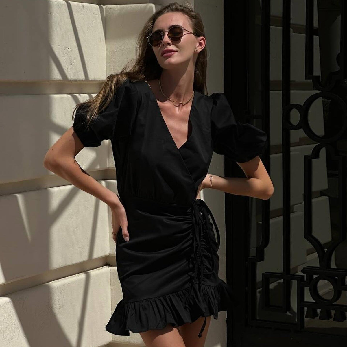 V Neck Puff Sleeve Wrap Ruched Ruffle Hem Cotton Mini Dress
