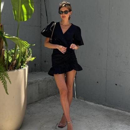 V Neck Puff Sleeve Wrap Ruched Ruffle Hem Cotton Mini Dress