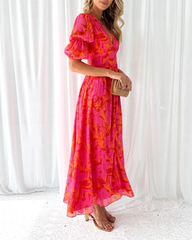 Deep V-Neck Puff Sleeve Button Front Floral Print Maxi Dress