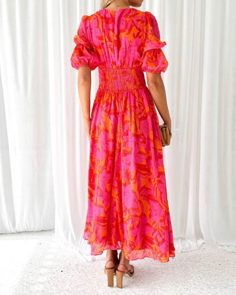 Deep V-Neck Puff Sleeve Button Front Floral Print Maxi Dress