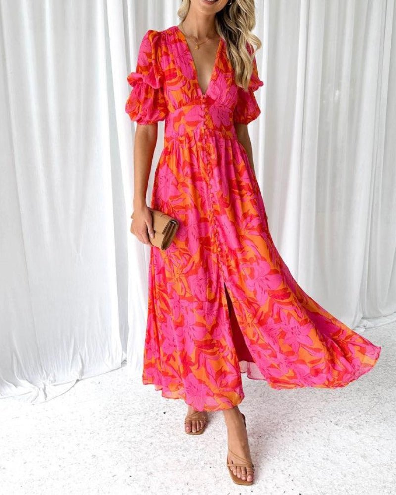 Deep V-Neck Puff Sleeve Button Front Floral Print Maxi Dress