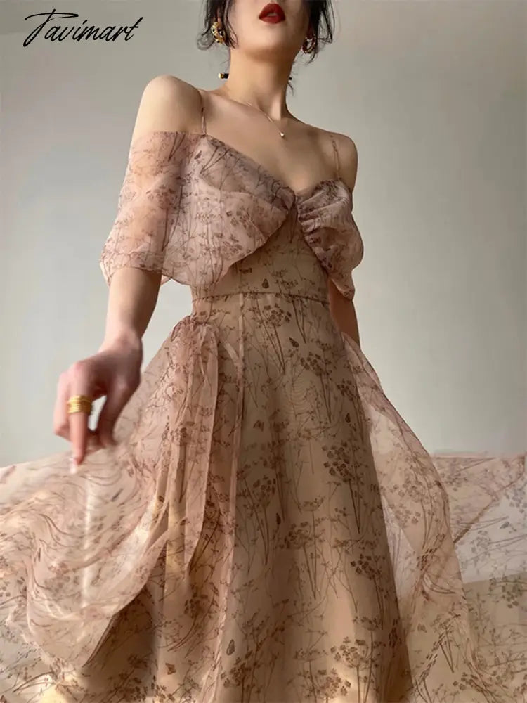 Spaghetti Strap Dress Vintage Women Floral Fashion Elegant Slim A-line Printed Dresses Summer Ladies Evening Female Clothes